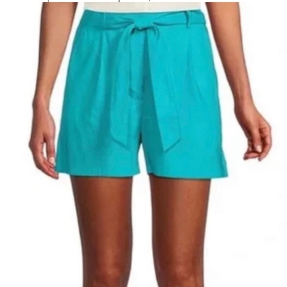 ANTONIO MELANI Turquoise Blue High Waist Linen Shorts with Tie Belt